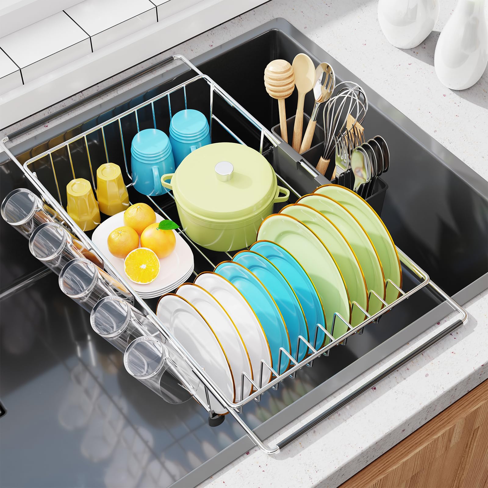 Extendable In-Sink Dish Drying Rack with Utensil Caddy